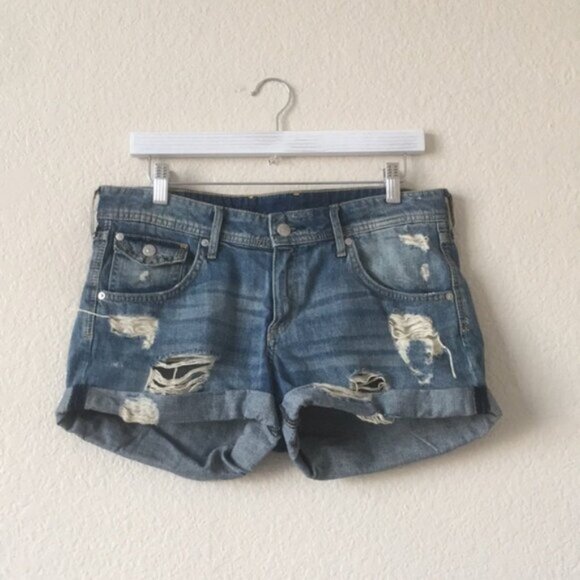 H&M Jean Shorts Flap Pocket Distressed Blue - Picture 9 of 14